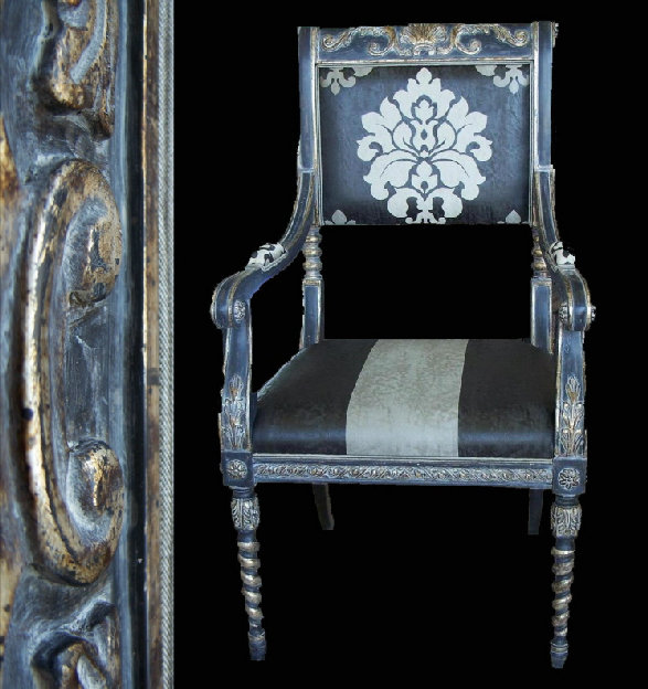 (art. 40) poltrona intagliata decorata nero argento foglia antico mobili in stile