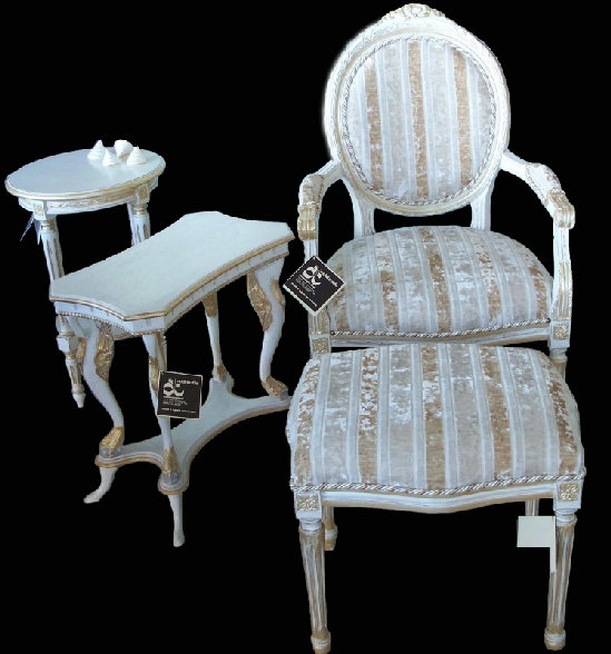 art. 41,42 poltrona e Sgabello stile Luigi XVI intagliata decorata bianco oro foglia . Tavolini stile impero (art. 217) www.atstyle.it