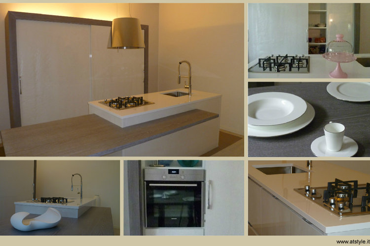 CUCINA IN FRASSINO CON ARMADIO E ISOLA FINITURE DECAP E MADREPERLA