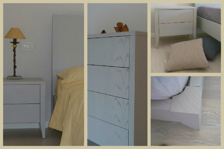 Letto com comodini in legno di frassino laccato con venature a contrasto
